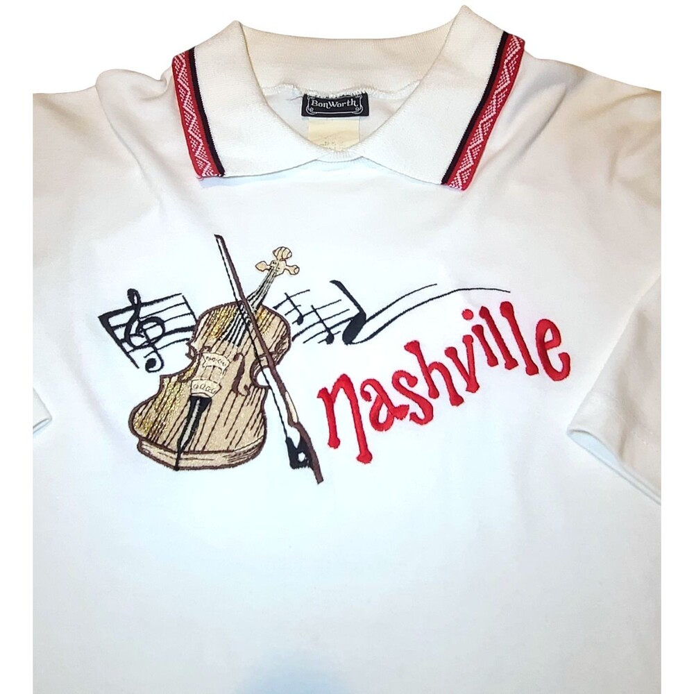 Bon Worth Vintage Nashville Country Music Violin Fiddle White Polo Shirt L RARE